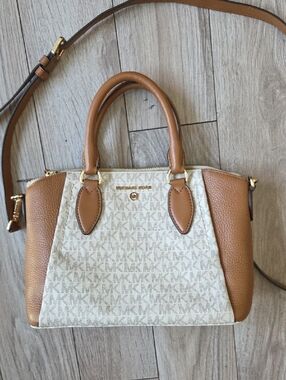 Michael Kors Cream Logo Satchel with Tan Leather Trim